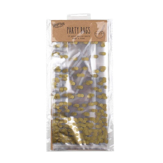 Gold Polka Dot Cellophane Party Bags - 24cm x 10cm (10pk)