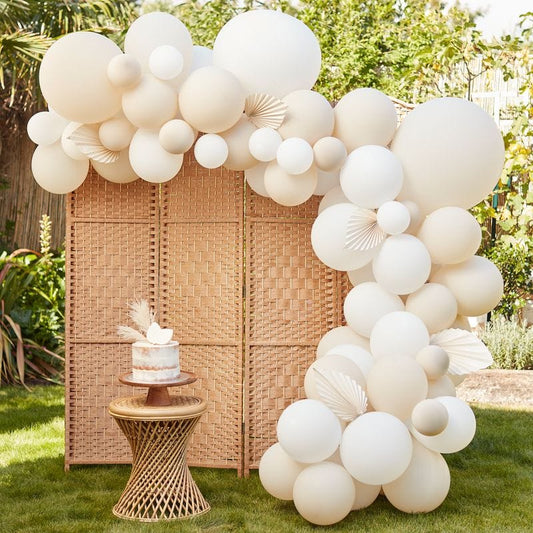 Nude & White Balloon Arch with Paper Fans - 80 Balloons