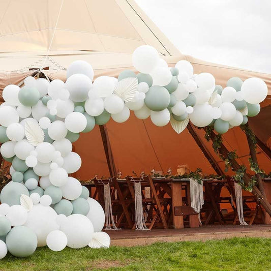 White & Sage Balloon Arch with White Fans - 200 Balloons