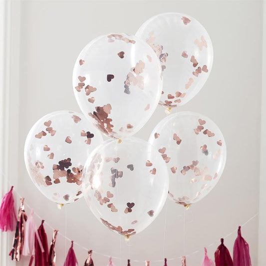 Rose Gold Heart Confetti Balloons - 12" Latex (5pk)