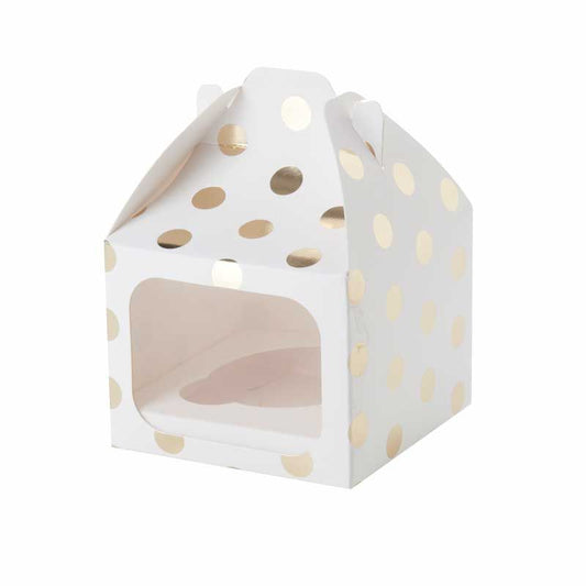 White & Gold Polka Dot Single Cupcake Box - 12cm x 9.5cm