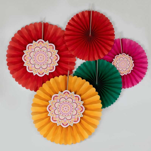 Multicoloured Diwali Paper Fan Decorations (5pk)