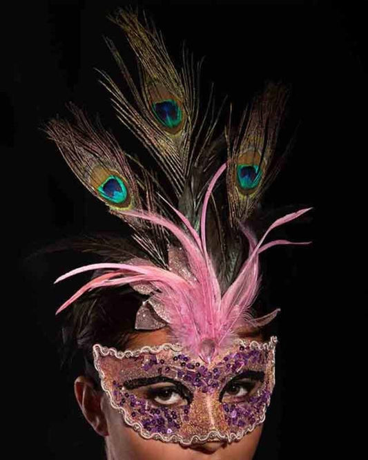 Pink Glitter Masquerade Mask with Peacock Feathers
