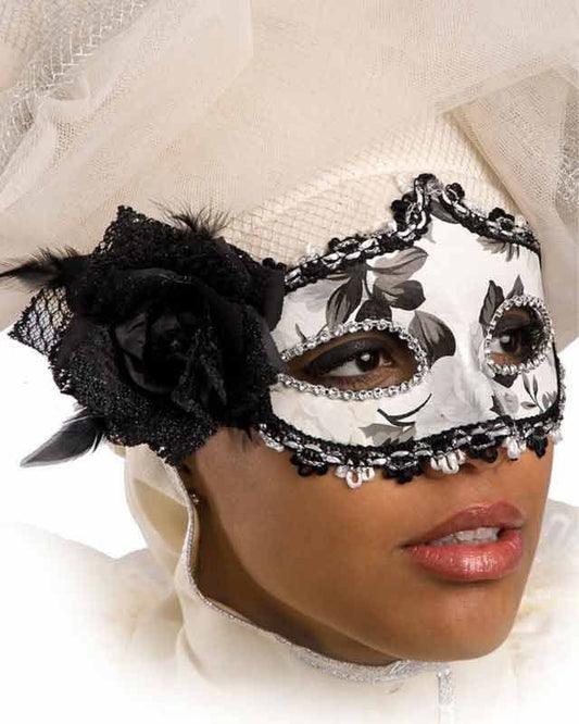 Black & White Masquerade Mask with Rose
