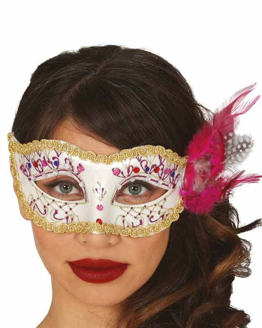 White & Pink Feather Masquerade Mask