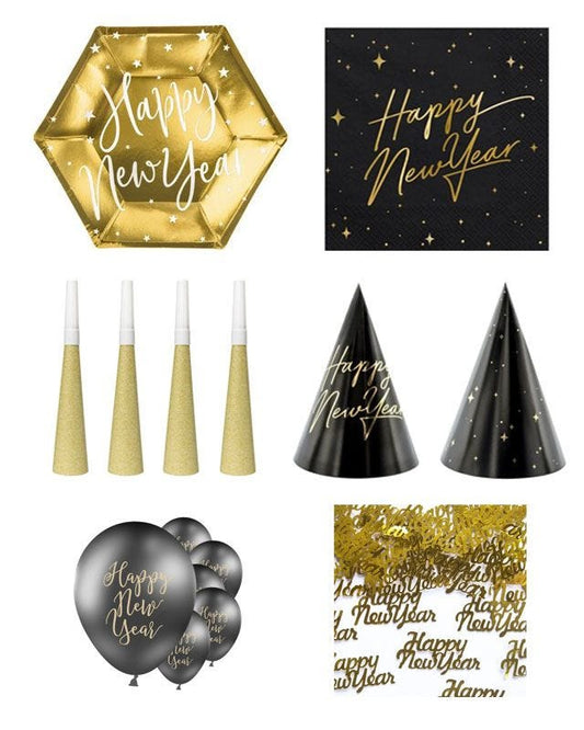 Deluxe Black & Gold New Years Eve Table Decorating Kit for 12