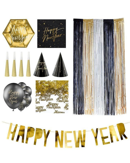 Black & Gold New Years Eve Table Decorating Kit for 12