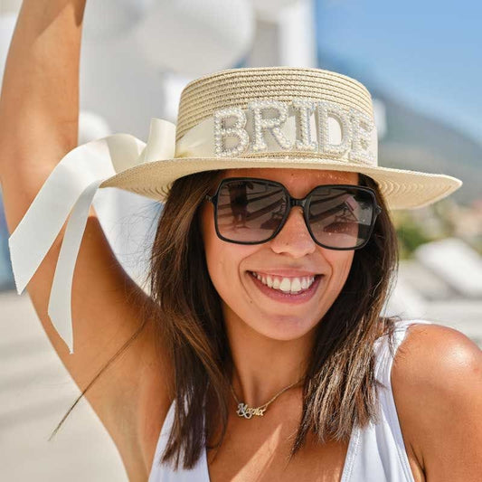 Straw Hat with Bride Pearl Letters