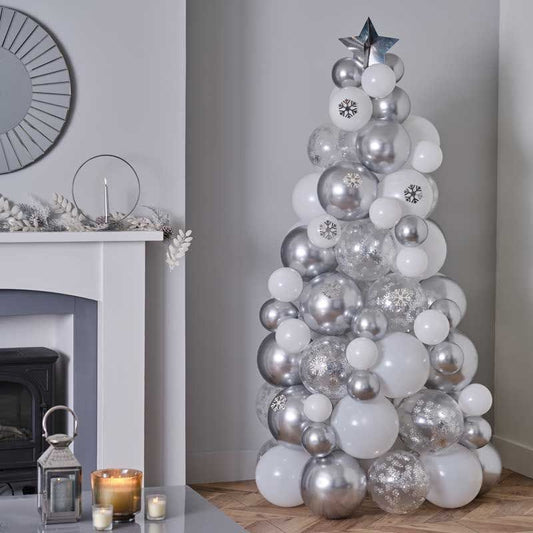 Silver, Chrome & Confetti Balloon Christmas Tree - 110 Balloons