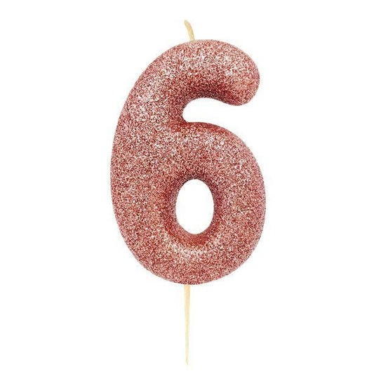 Rose Gold Glitter Number 6 Candle - 7cm