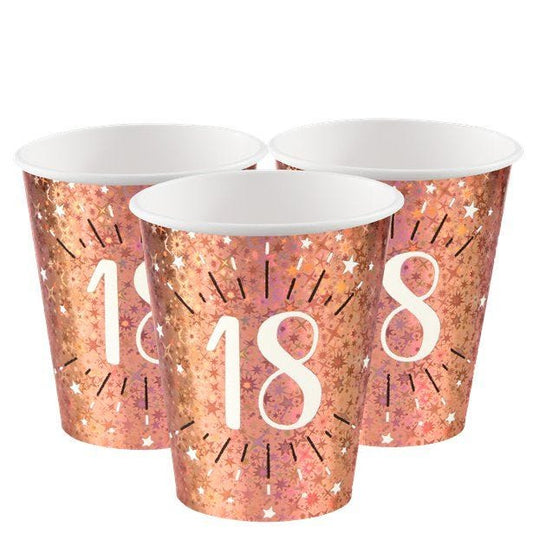 Sparkling Rose Gold 18th Paper Cups - 270ml (10pk)