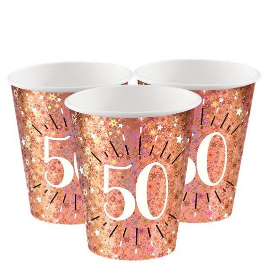 Sparkling Rose Gold 50th Paper Cups - 270ml (10pk)