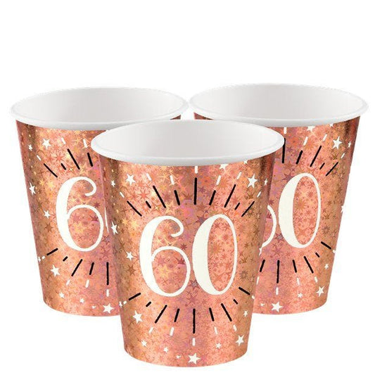 Sparkling Rose Gold 60th Paper Cups - 270ml (10pk)
