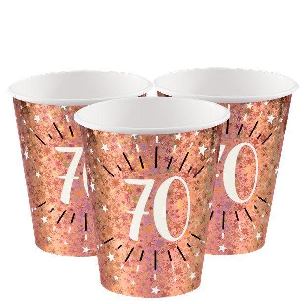 Sparkling Rose Gold 70th Paper Cups - 270ml (10pk)