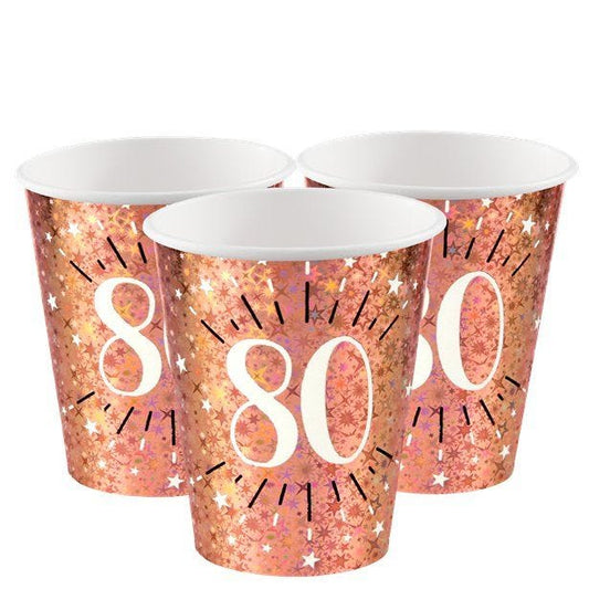 Sparkling Rose Gold 80th Paper Cups - 270ml (10pk)