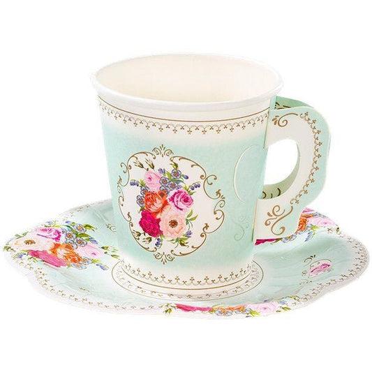 Vintage Tea Party Paper Cups with Saucers (12pk)