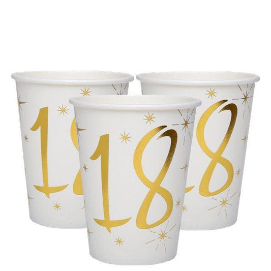 White & Gold Sparkle 18th Paper Cups - 270ml (10pk)
