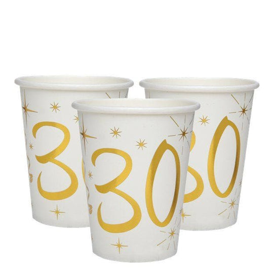 White & Gold Sparkle 30th Paper Cups - 270ml (10pk)