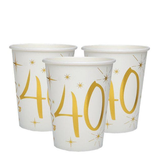 White & Gold Sparkle 40th Paper Cups - 270ml (10pk)