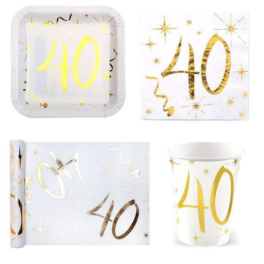 White & Gold Sparkle 40th Birthday Value Party Pack for 10