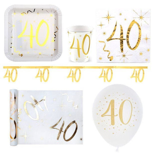 White & Gold Sparkle 40th Birthday - Deluxe Party Pack for 20