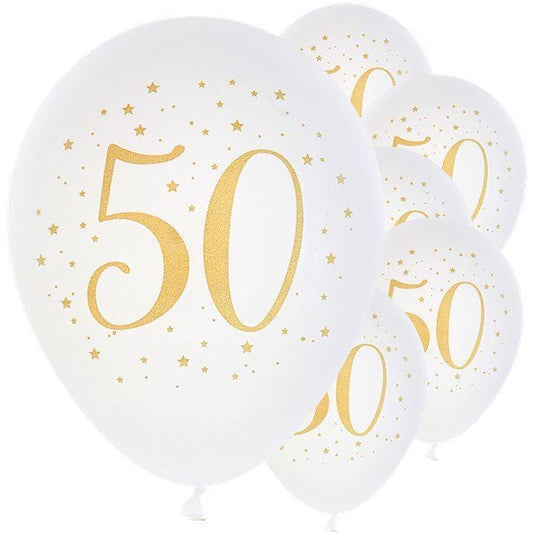 White & Gold Sparkle 50th Balloon - 11" Latex (8pk)