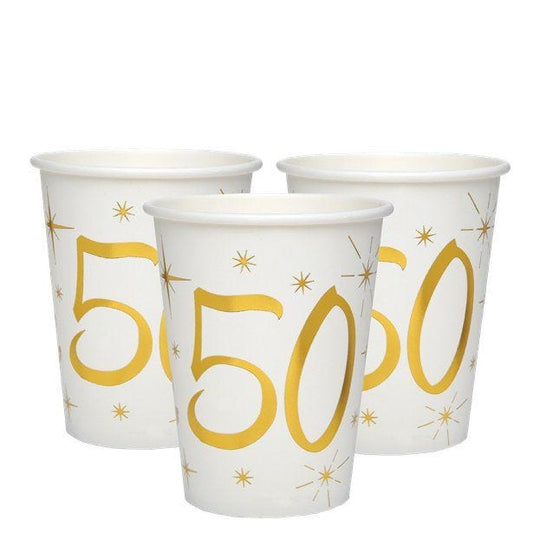 White & Gold Sparkle 50th Paper Cups - 270ml (10pk)
