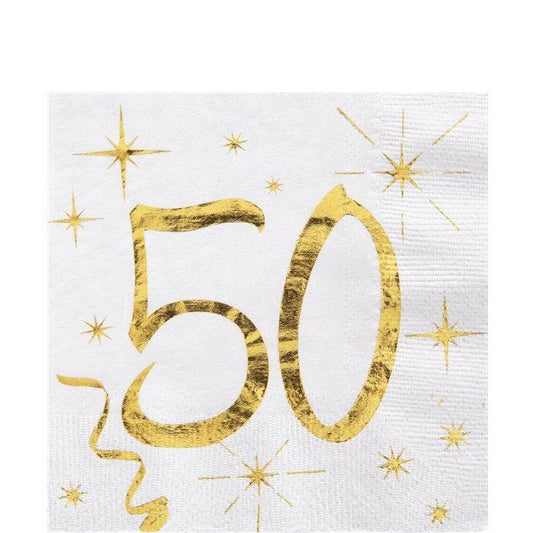 White & Gold Sparkle 50th Paper Napkins - 25cm (20pk)
