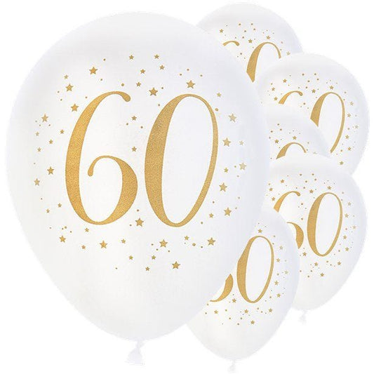 White & Gold Sparkle 60th Balloons - 9" Latex (8pk)