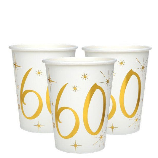 White & Gold Sparkle 60th Paper Cups - 270ml (10pk)
