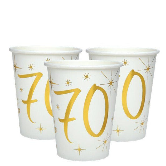 White & Gold Sparkle 70th Paper Cups - 270ml (10pk)