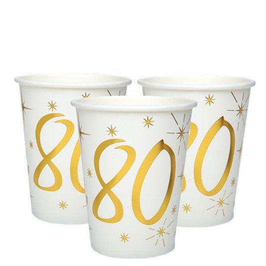White & Gold Sparkle 80th Paper Cups - 270ml (10pk)