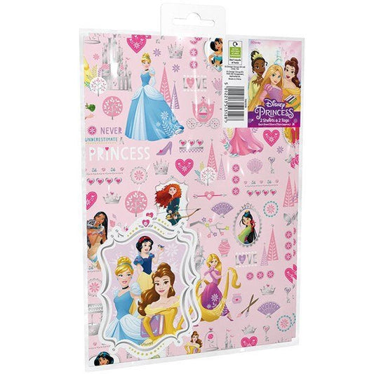 Disney Princess Wrapping Paper - 2 Sheets (50cm x 70cm) with Tags