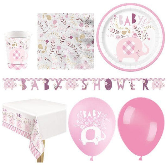Pink Floral Elephant Baby Shower - Deluxe Party Pack for 16