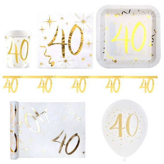White & Gold Sparkle 40th Birthday - Deluxe Party Pack for 30