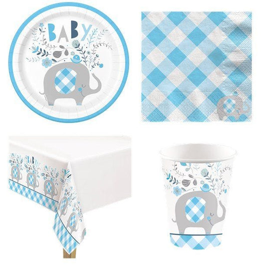 Blue Floral Elephant Baby Shower - Value Party Pack for 8