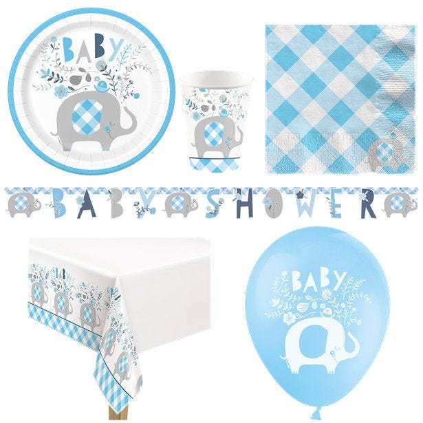 Blue Floral Elephant Baby Shower - Deluxe Party Pack for 8