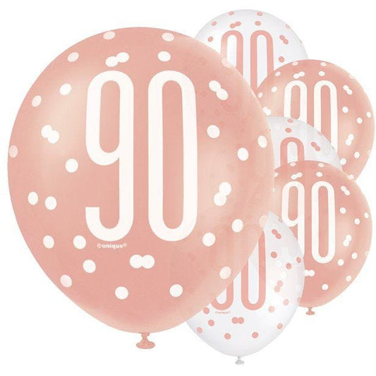 Rose Gold Glitz 90th Birthday Balloons - 12" Latex (6pk)