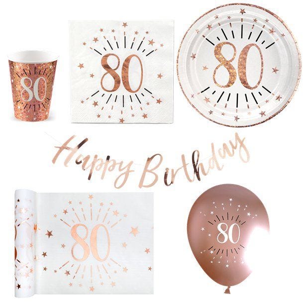 Sparkling Rose Gold 80th Birthday - Deluxe Party Pack for 30