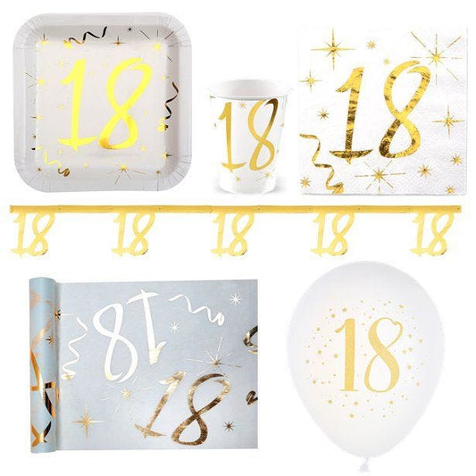 White & Gold Sparkle 18th Birthday - Deluxe Party Pack for 20
