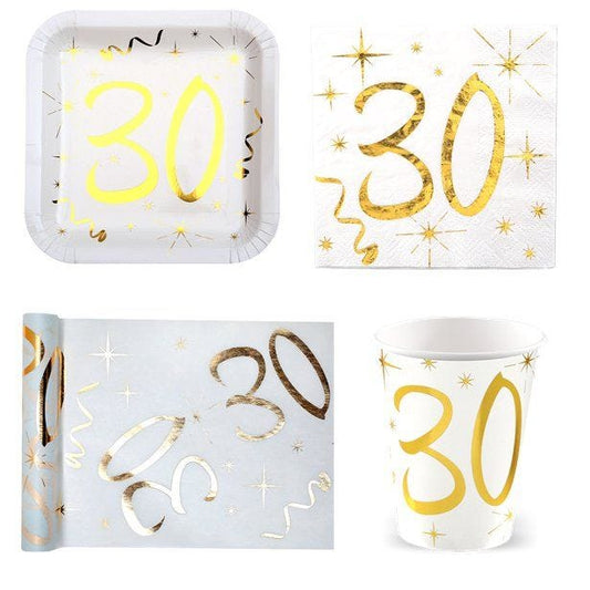 White & Gold Sparkle 30th Birthday Value Party Pack for 10