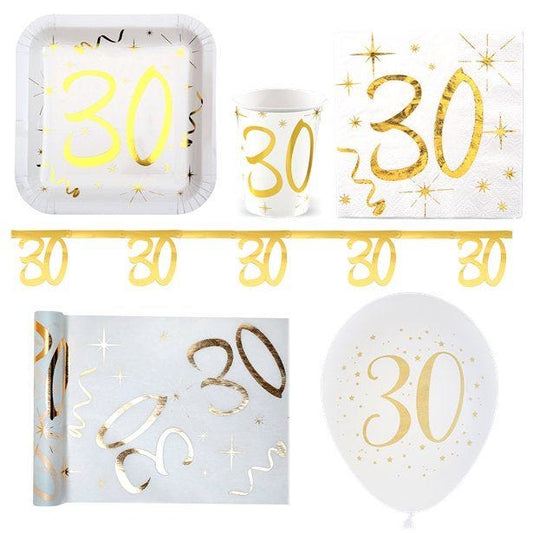 White & Gold Sparkle 30th Birthday - Deluxe Party Pack for 20