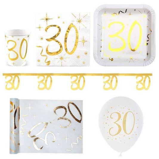 White & Gold Sparkle 30th Birthday - Deluxe Party Pack for 30