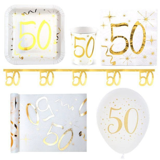 White & Gold Sparkle 50th Birthday Deluxe Party Pack for 20