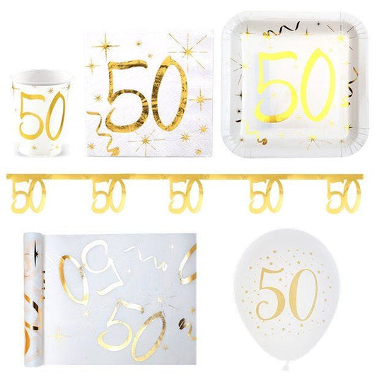 White & Gold Sparkle 50th Birthday - Deluxe Party Pack for 30