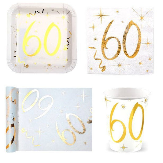 White & Gold Sparkle 60th Birthday Value Party Pack for 10
