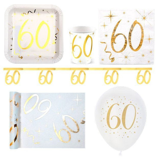 White & Gold Sparkle 60th Birthday Deluxe Party Pack for 20