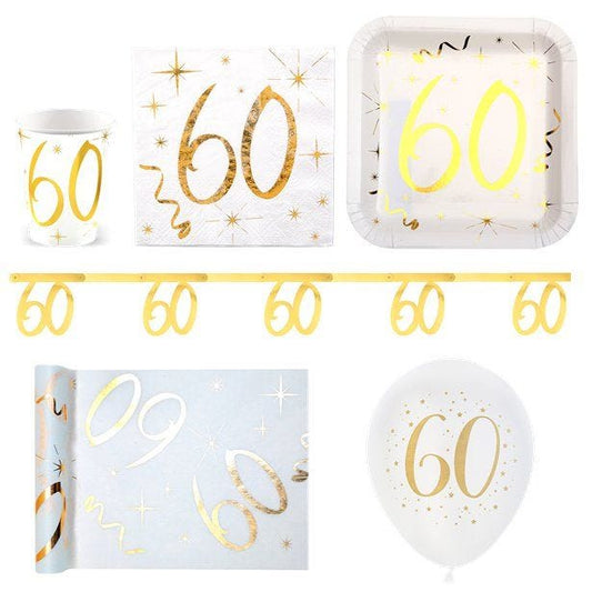 White & Gold Sparkle 60th Birthday - Deluxe Party Pack for 30