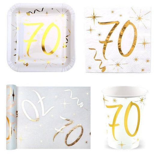 White & Gold Sparkle 70th Birthday Value Party Pack for 10