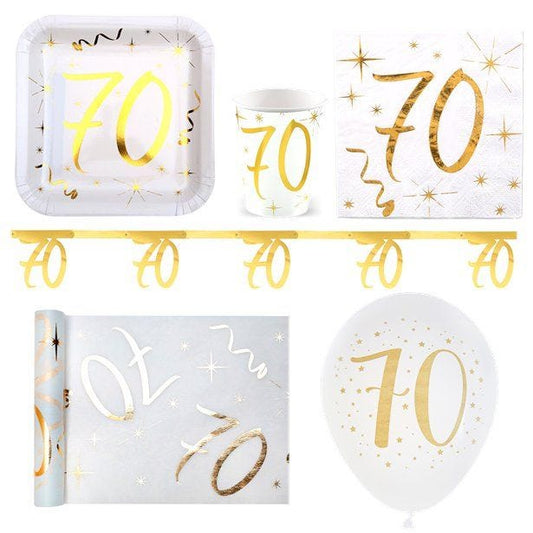 White & Gold Sparkle 70th Birthday Deluxe Party Pack for 20